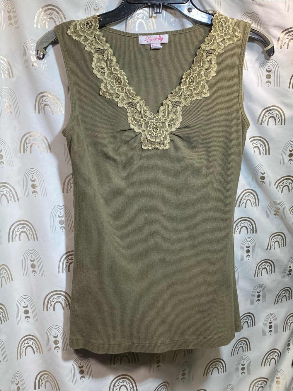 Zara Olive Green Ribbed Tank with Lace V-Neck